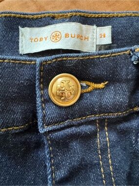 Tory Burch Dark Blue Denim Jeans with Gold Logo Button